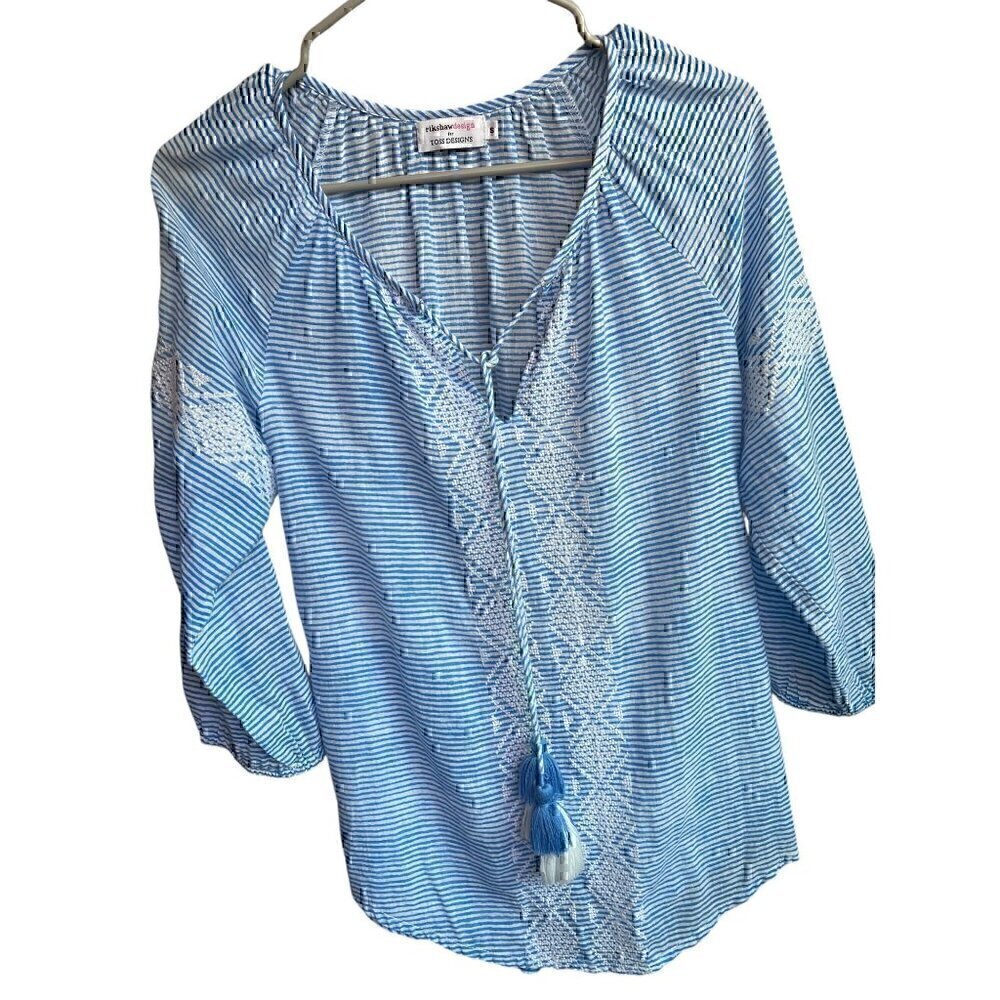 RIKSHAW DESIGN BEACH BOHO EMBROIDERED W/TASSEL, STRIPED, LIGHT BLUE, BLOUSE SM